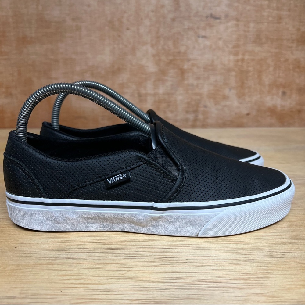 Vans Asher Slip On Perforated Leather Black White Sneakers 721356 Women Size 8